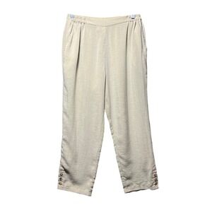 Fridaze 100% Linen Pants S Beige Button Hem Pull On Straight Leg Made in HK